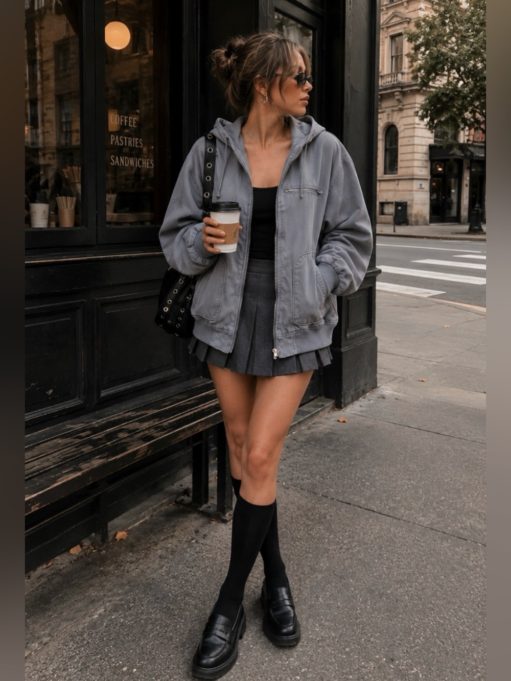 Vintage American Rag Gray Hooded Bomber Jacket Oversized Utility Y2K Grunge